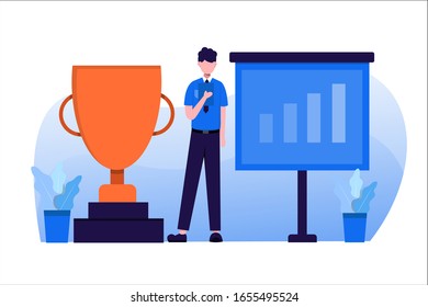 ilustración plana de un hombre parado entre una pizarra y un trofeo