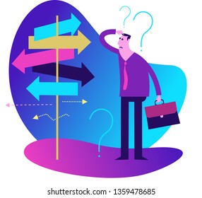 Flat illustration design. The man stands near the pointers with arrows, thinking where to go. Decision-making, choice. Picture for presentation, web, landing page.