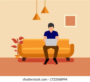 flat illustration design of a man working at home sitting on a sofa and doing freelance work with his laptop