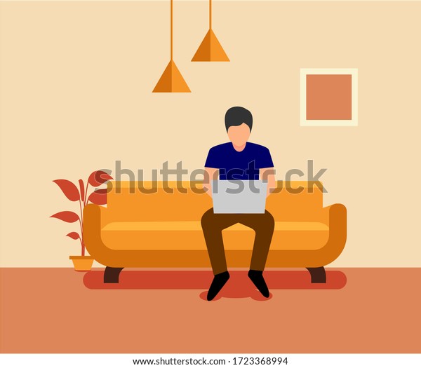 自宅でソファに座り ノートパソコンでフリーランスの仕事をする男性の平らなイラストデザイン のベクター画像素材 ロイヤリティフリー
