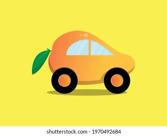 Flat Illustration design of mango car with isolated background in yellow color.