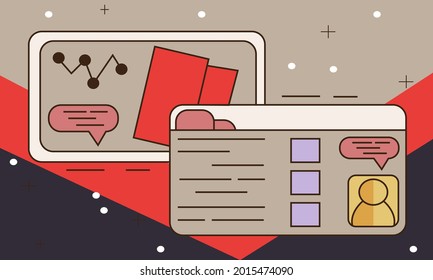 flat illustration design network system and business card with bright color and background