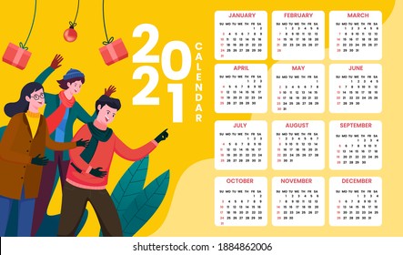 flat illustration design new year 2021 calendar template with all month