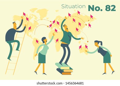 Flat illustration design for presentation, web, landing page, infographics: men businessmen and women stick flags on the world map. An international Corporation, a network of branches or outlets.