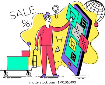 Flat illustration design for presentation, web, landing page, infographics: cartoon character man makes online shopping in the online store on his smartphone.