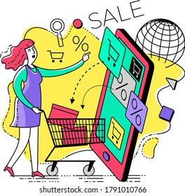 Flat illustration design for presentation, web, landing page, infographics: cartoon character woman makes online shopping in the online store on his smartphone.