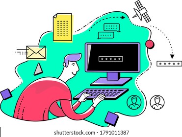 Flat illustration design for presentation, web, landing page, infographics: cartoon character man hacker sitting at the computer.