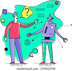 Flat illustration design for presentation, web, landing page, infographics: cartoon character man talking to a robot. Prove you're not a robot.