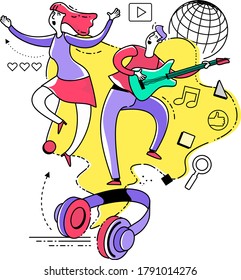 Flat illustration design for presentation, web, landing page, infographics: man and woman dancing and singing. Dance. Headphones with music on the Internet.