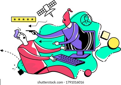 Flat illustration design for presentation, web, landing page, infographics: cartoon characters man at the computer and hacker ransomware.