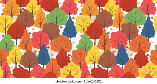 Flat illustration design of seamless vector pattern of colorful autumn tree for print media. Can be used for background or wallpaper content