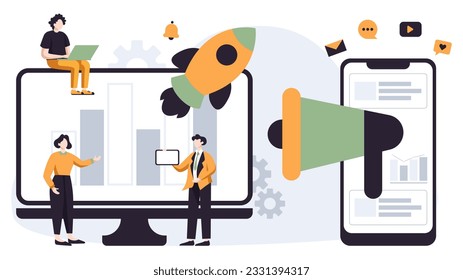 Flat illustration design social media strategy concept digital marketing startup business. Vector illustration for business company in white background.