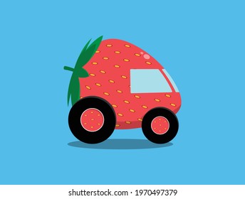 Flat Illustration design of strawberry car with isolated background in blue color.