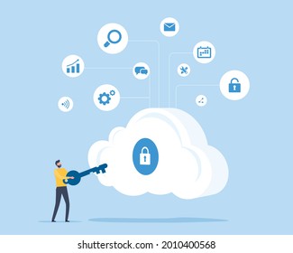 flat illustration design technology cloud security concept with a man hold key for unlock cloud server