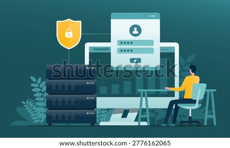 flat illustration design technology cloud server security. and data protection concept. with administrator developer working .