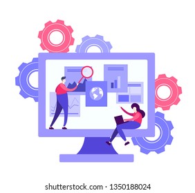 Flat illustration  design of workers  data analysis solution or search engine for website page templates, banner  , graphic and web design, SEO, . Modern vector and mobile website development.