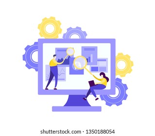 Flat illustration  design of workers  data analysis solution or search engine for website page templates, banner  , graphic and web design, SEO, . Modern vector and mobile website development.