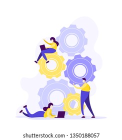 Flat illustration  design of workers  data analysis solution or search engine for website page templates, banner  , graphic and web design, SEO, . Modern vector and mobile website development.