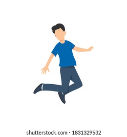 Flat illustration design young man blue t-shirt jump hand to the back for website and mobile