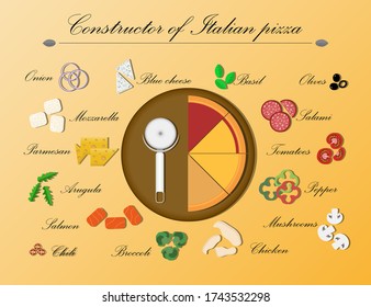 Flat illustration of a designer for Italian pizza on a wooden platter. Vector illustration of a round pizza divided into different pieces. Ingredients for vegetarian pizza, salami, salmon, chicken