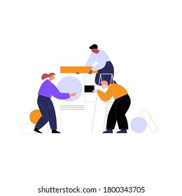 Flat illustration of a designers team working on a project. Three creative professionals building a design of different geometric figures. Creative team at work concept