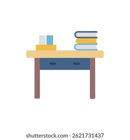 A flat illustration of a desk with drawers, featuring books and boxes. Modern style with pastel color palette.