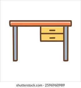 Flat illustration of a desk. Two drawers, orange top, brown edges, gray legs