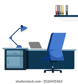 Flat illustration desk for working with lamp and chair