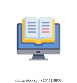 A flat illustration of desktop with book displayed on screen. Represents digital education and online learning resources.