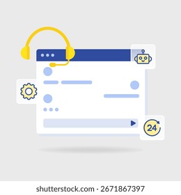 Flat illustration of desktop chat support with headset icon, robot, gear, and 24h symbol. Ideal for CRM automation, online helpdesk, and business services.