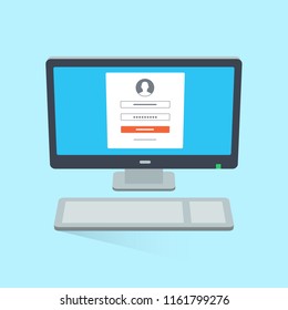 Flat illustration of desktop computer with login screen. Easy to use for your website or presentation.