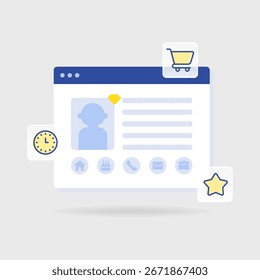 Ilustración plana de un tablero de perfil de Cliente de escritorio con iconos de Carrito de compras, reloj y estrella. Ideal para CRM, negocios y proyectos de marketing.