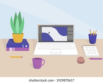 Flat illustration of a desktop in the office or a freelancer from home. Work interior design elements: table, laptop, notebook and books.