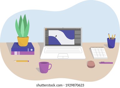 Flat illustration of a desktop in the office or a freelancer from home in an abstract bubble shape. Work interior design elements: table, laptop, notebook and books.