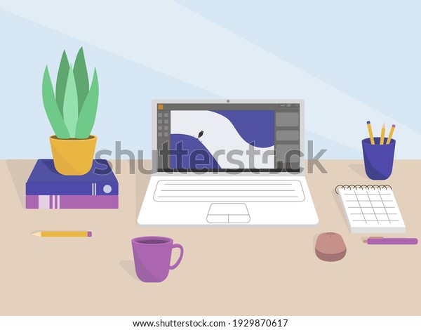 Flat illustration of a desktop in the office or a\
freelancer from home. Work interior design elements: table, laptop,\
notebook and books.