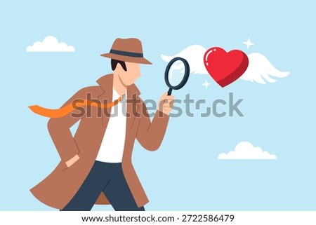 Flat illustration of detective examining flying heart with magnifying glass symbolizing love search relationship investigation emotional clarity romance discovery and understanding feelings