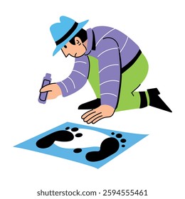 A flat illustration of detective finding criminal footprints 

