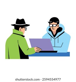 A flat illustration of detective meet with tech expert 
