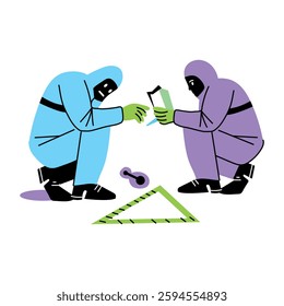 A flat illustration of detectives finding clues from criminal place 
