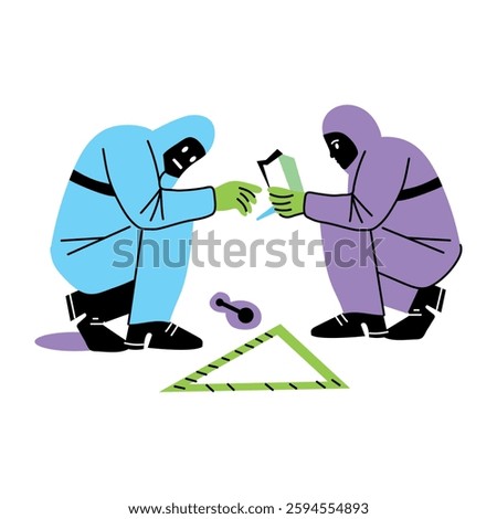 A flat illustration of detectives finding clues from criminal place 
