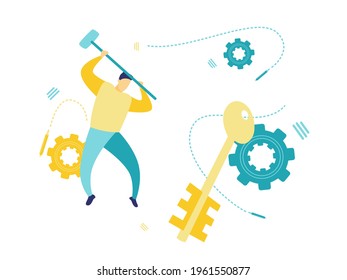 Flat illustration determined businessman in empty interior breaking with hammer stone key figure. Simple flat illustration of blue and yellow. Business and finance concepts.