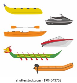 Flat illustration of different kind of river boat transportation. Include banana boat, speed boat, dragon ship, inflatable boat and jet ski vector isolated on white background