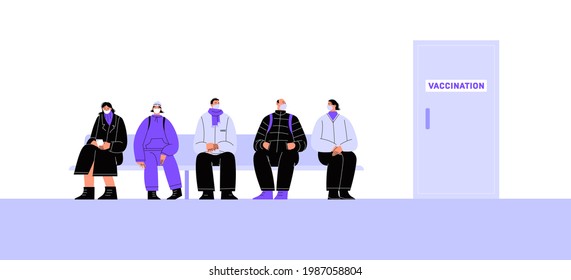 Flache Illustration von verschiedenen Personen, die für die Covid-Impfung in der Warteschlange sitzen.