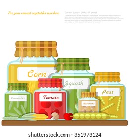 flat illustration with different vegetables in glass jars on shelf