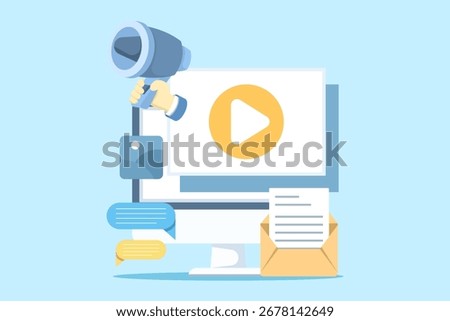 Flat illustration of digital content marketing. Social media promotion, content strategy, mobile advertising campaigns, and online marketing communication for business growth.