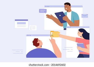 Flat Illustration Of Digital File Share And Teamwork. Group Of People Delivering Files To Effectively Share Information.