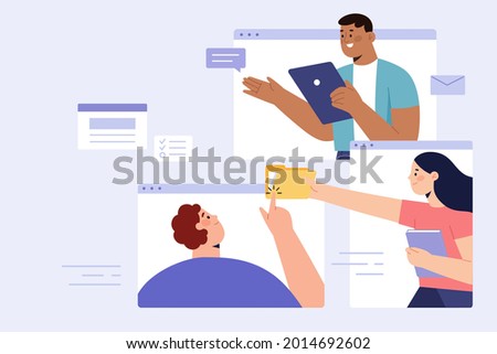 Flat illustration of digital file share and teamwork. Group of people delivering files to effectively share information.