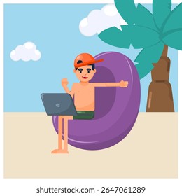 Flat illustration digital nomad man working in the beach with his laptop, work from anywhere