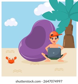 Ilustração plana homem nômade digital trabalhando na praia, trabalhando na praia trazendo laptop e seus amigos caranguejo