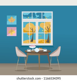 Flat illustration Dining table with chairs and coffee cups near window with autumn view and yellow thees, colorful vector illustration in cartoon flat style on turquoise background.